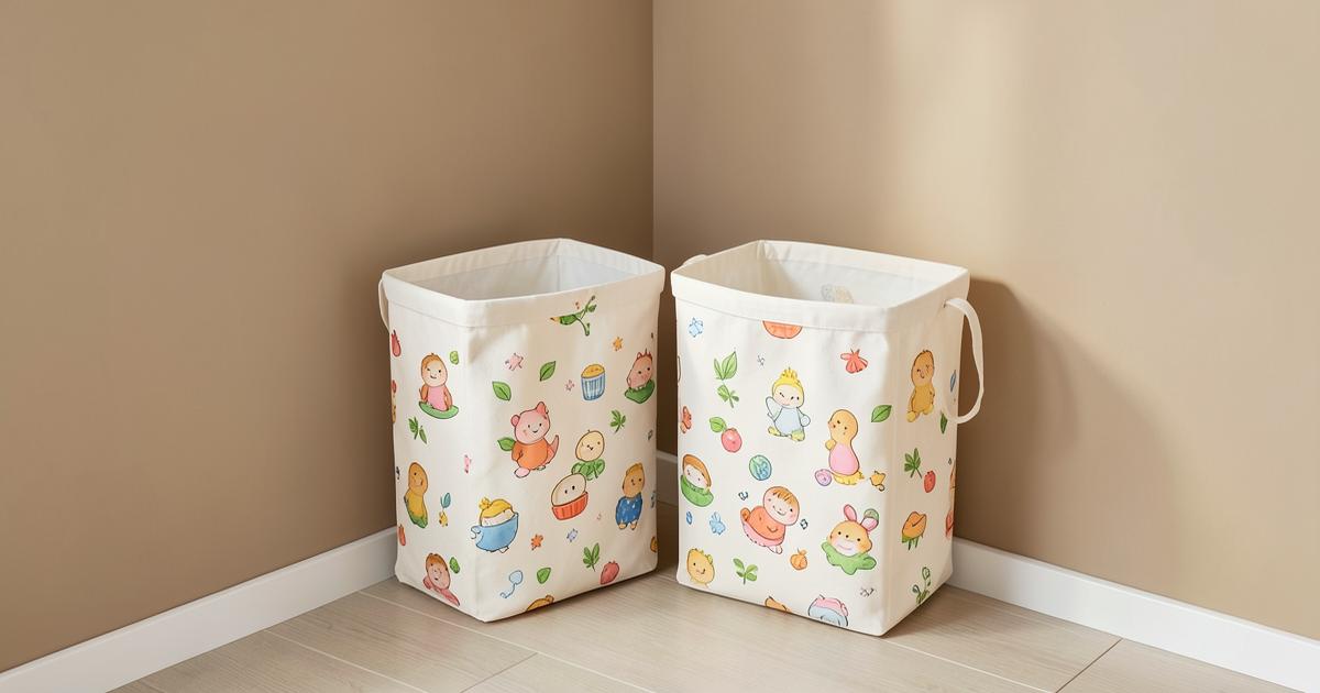 Twee opvouwbare canvas wasmanden met vrolijke print in een lichte hoek